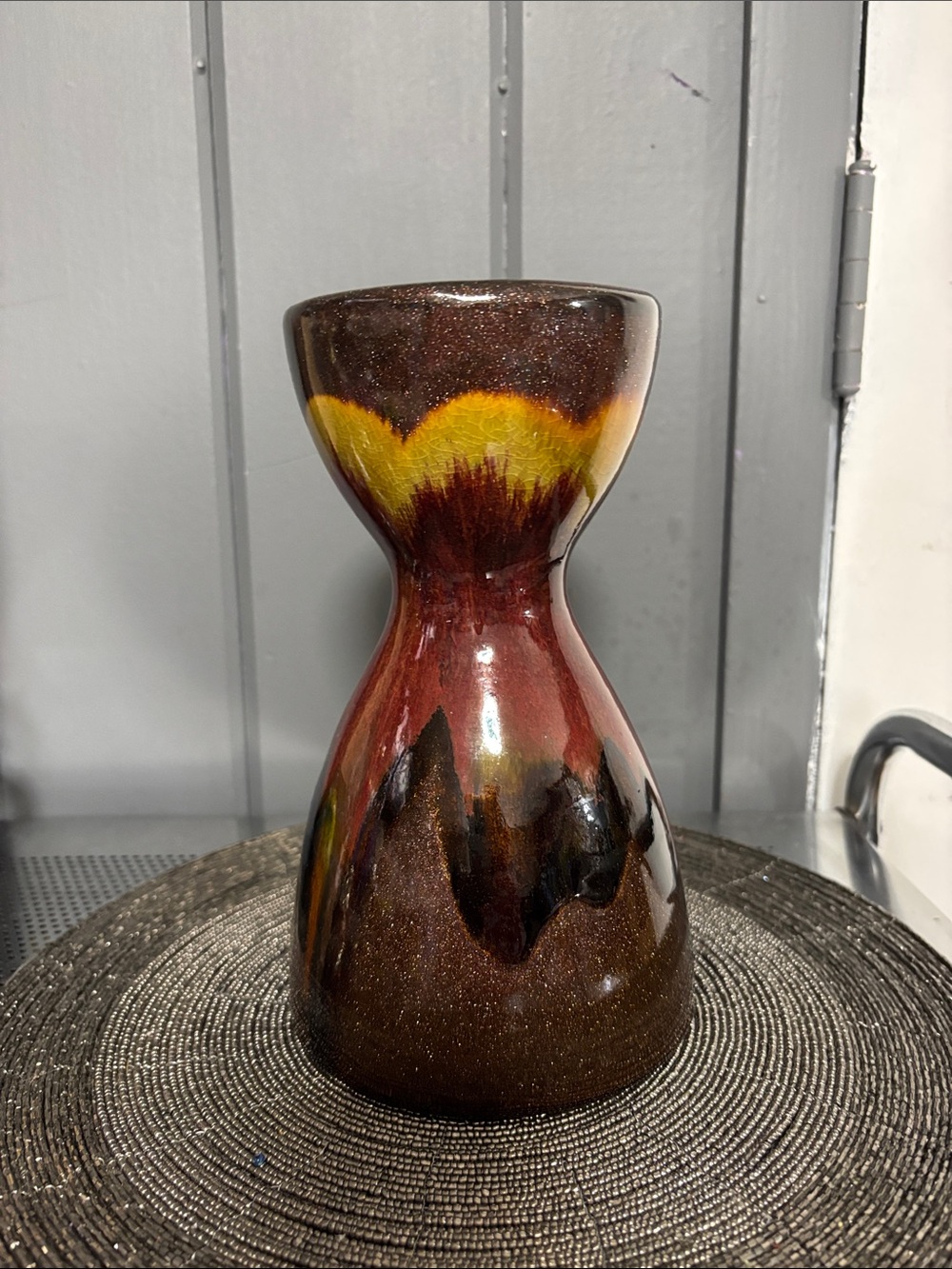 Pier 1 Glazed Ceramic Candle Holder in Brown, Red and Yellow